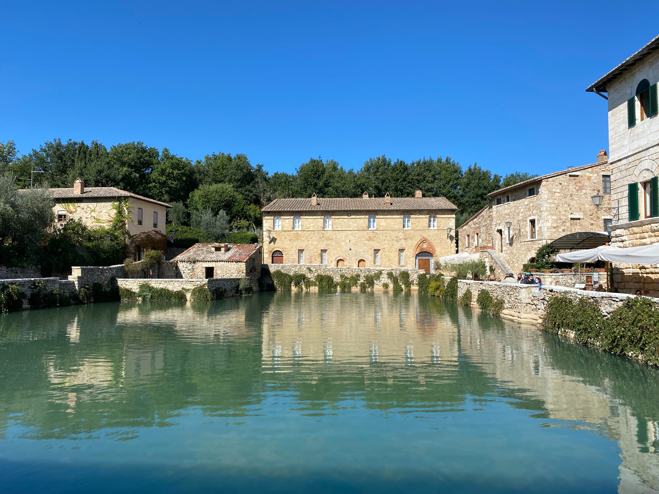 The cozy medieval hamlet of Bagno Vignoni, built all around a thermal water pool